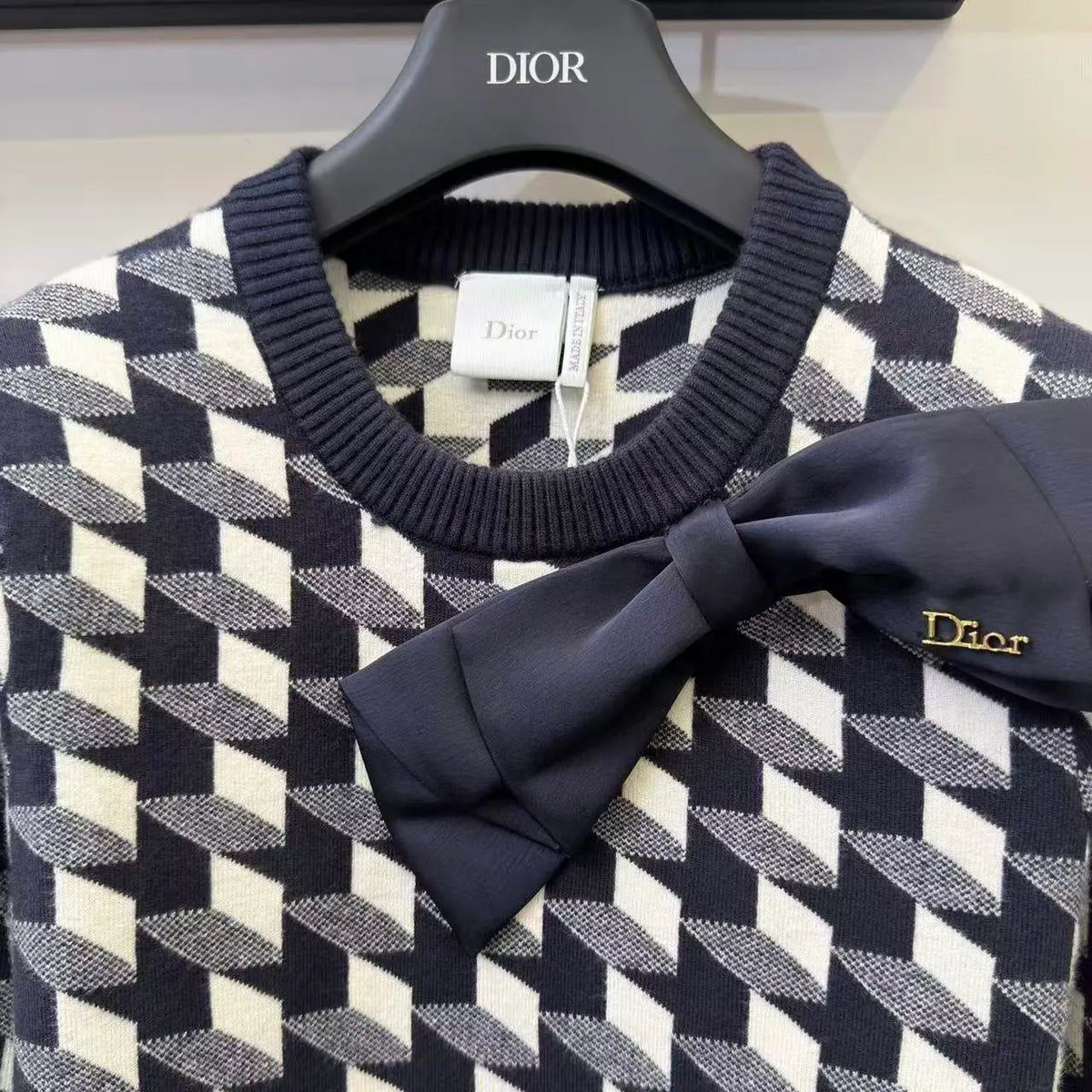Houndstooth Bow Knit Long Sleeve