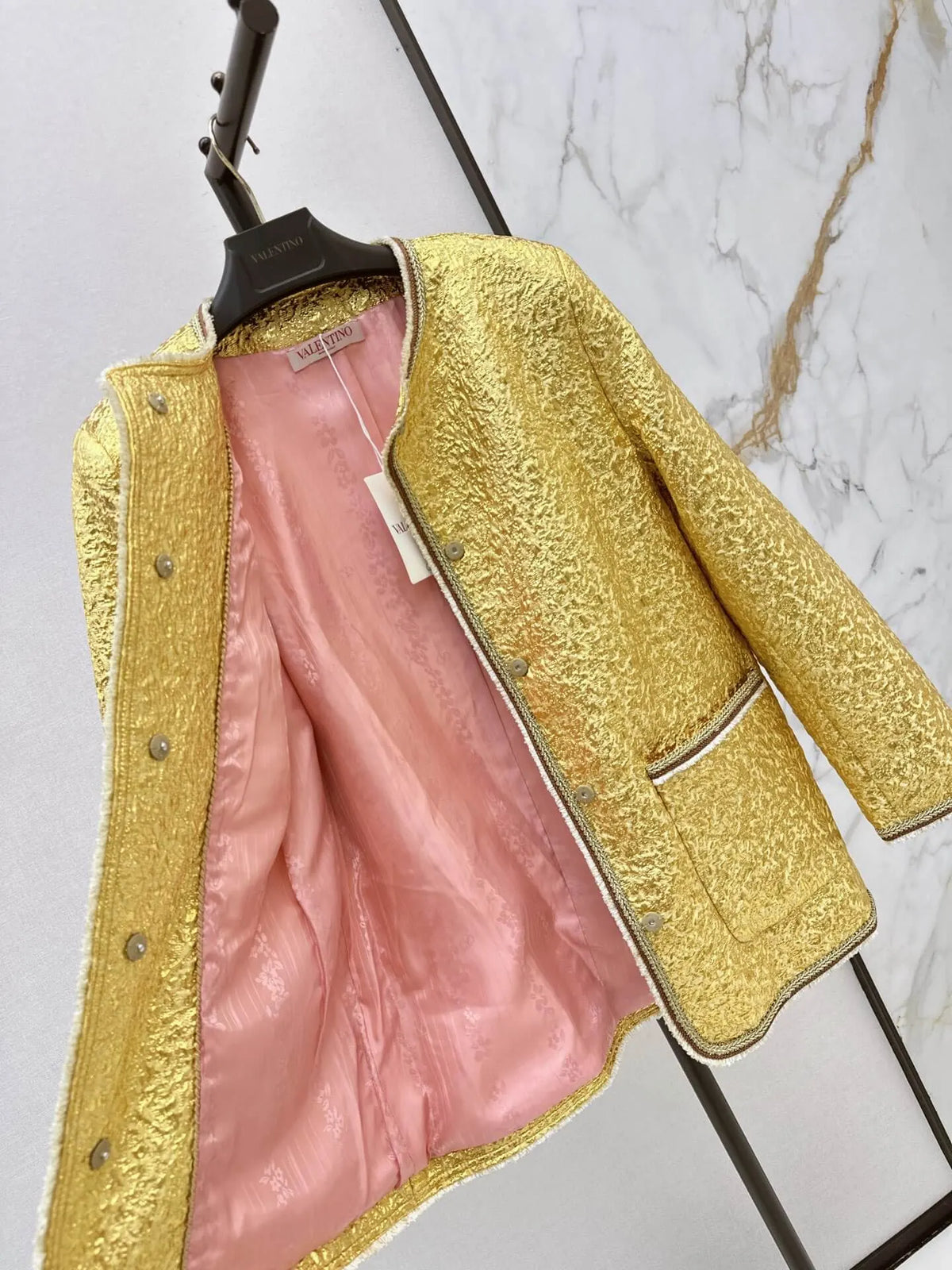 Yellow Textured Round Neck Jacket