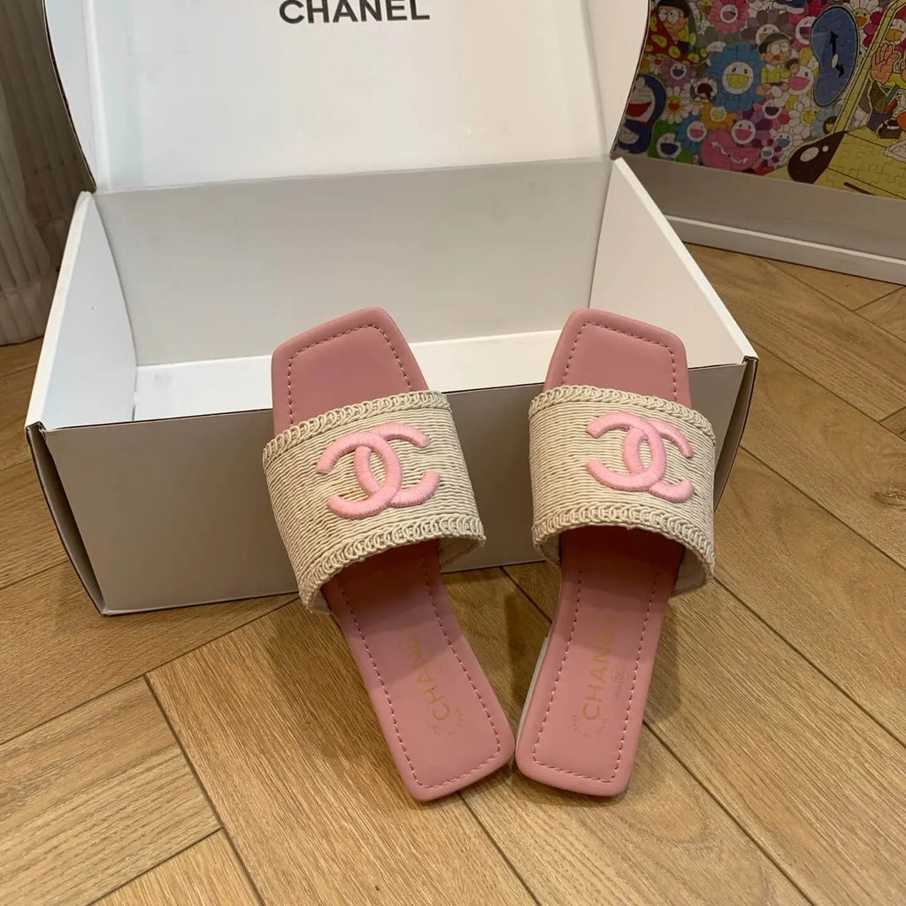 Vacation Style Square-Toe Woven Pink Sandals