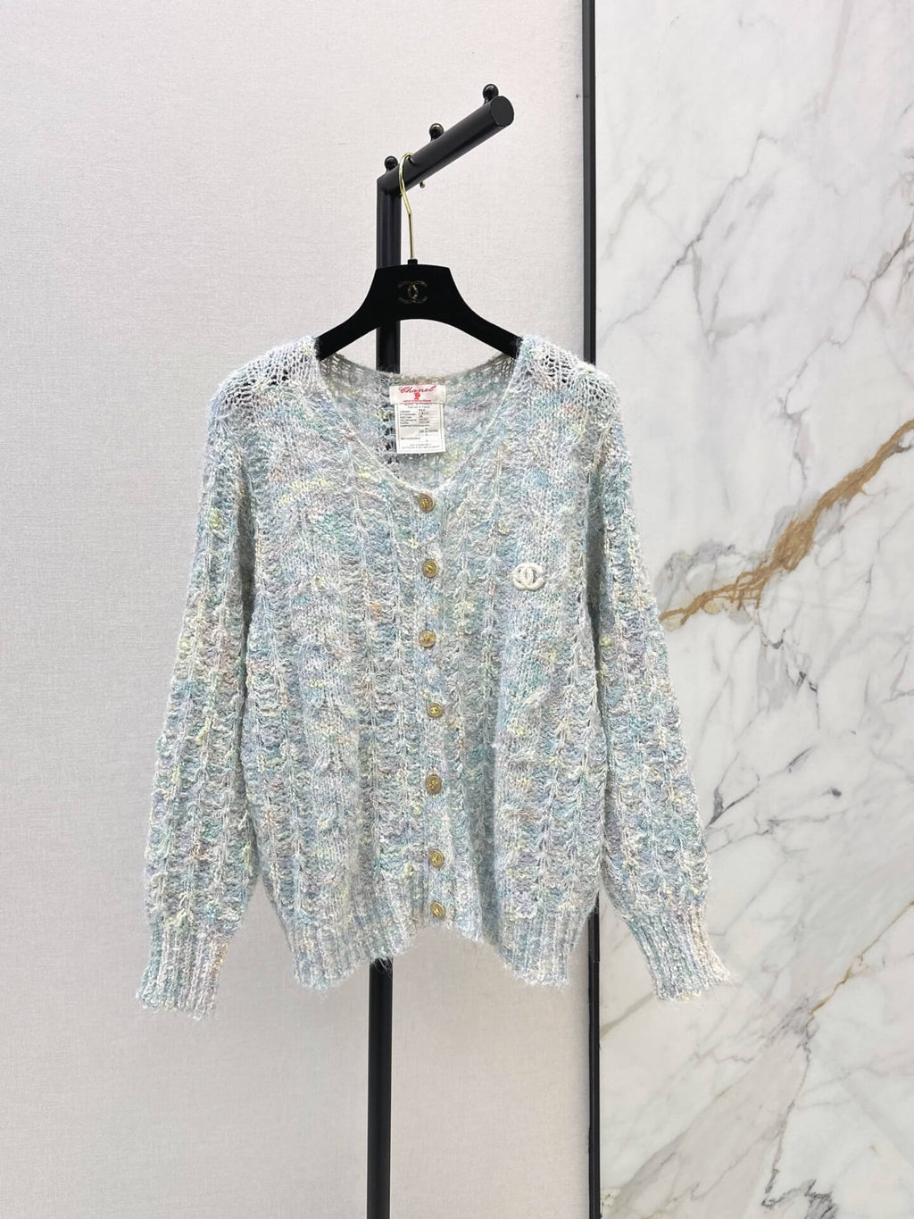 Multicolor Mohair V-neck Hollow Knit Cardigan