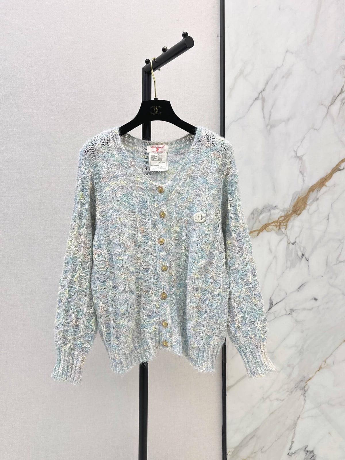 Multicolor Mohair V-neck Hollow Knit Cardigan