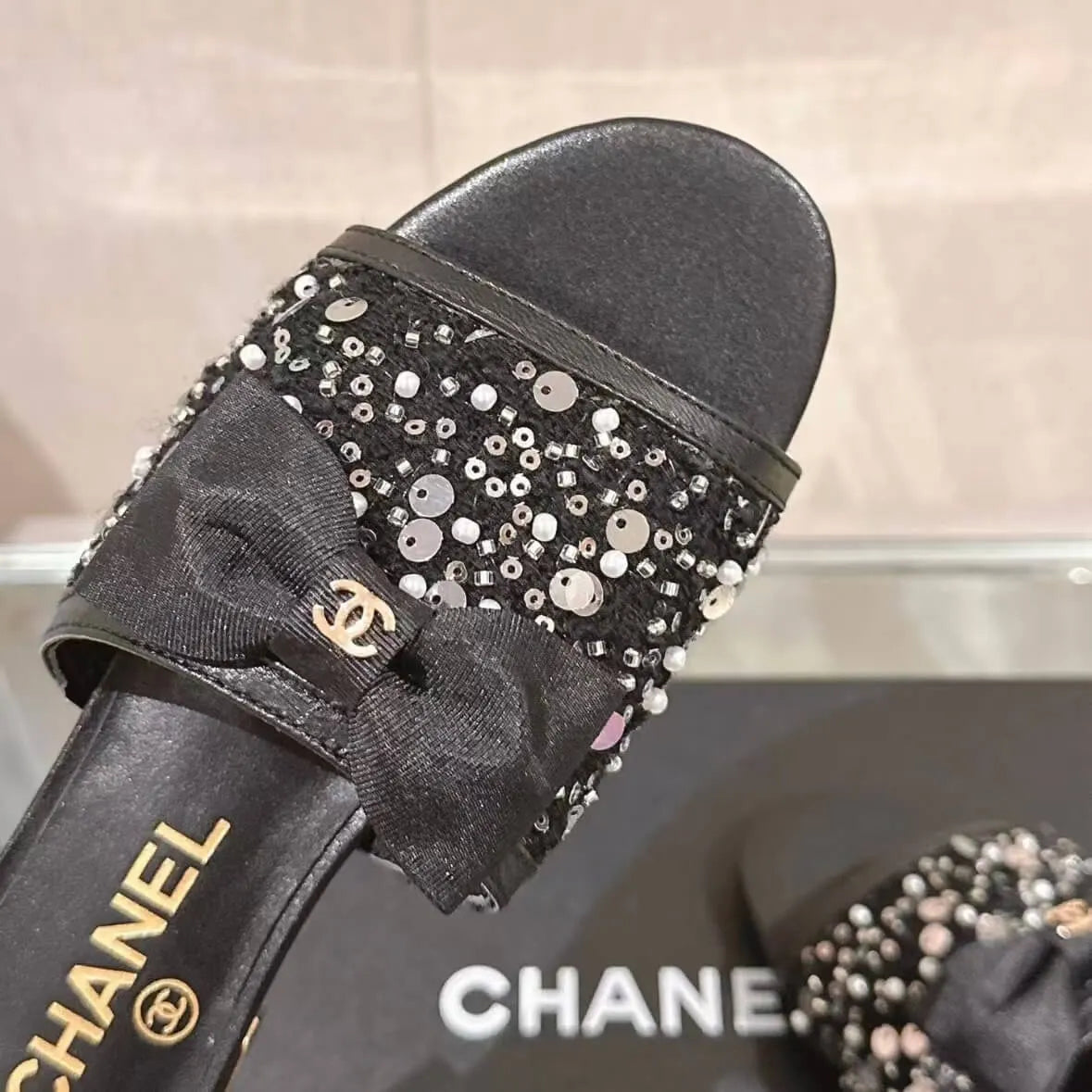 Elegant Black Sequined Bow Sandals
