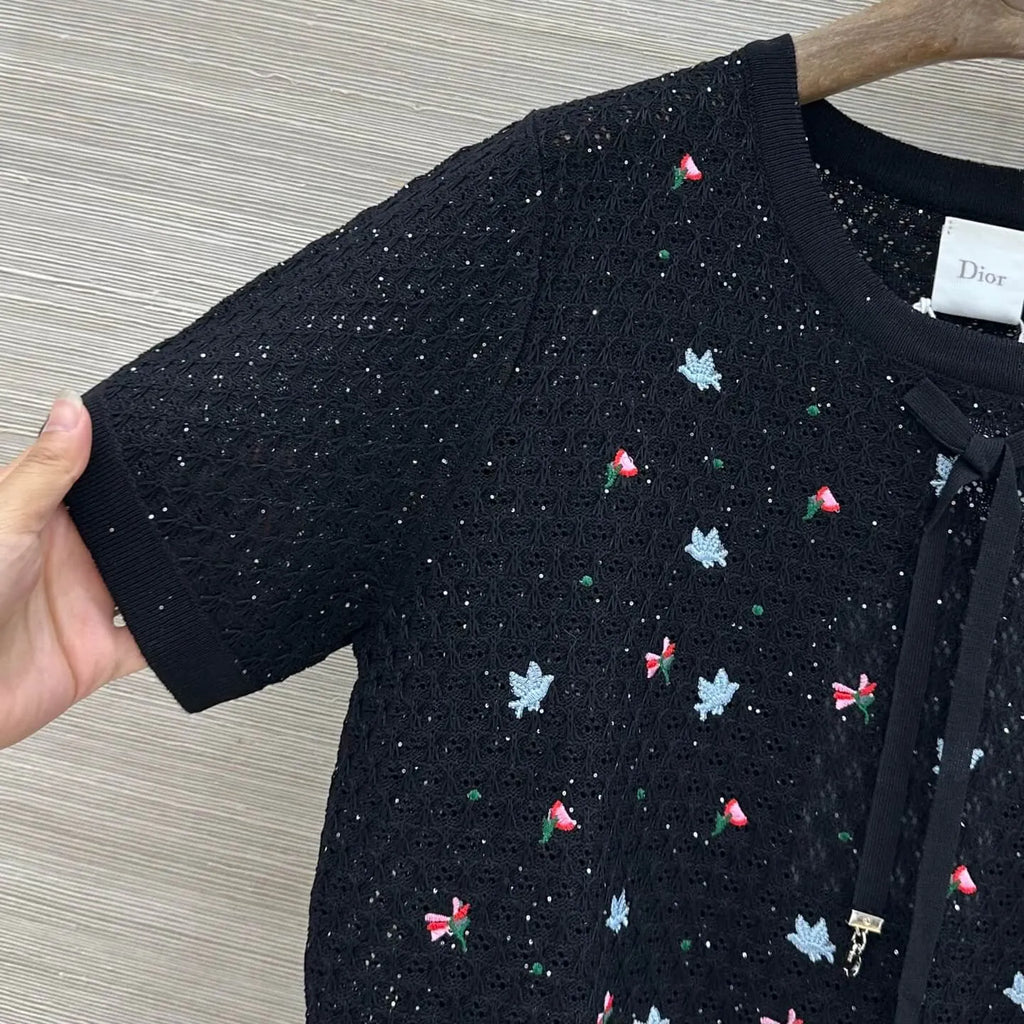 Floral Embroidered Bow Hollow Knit Short Sleeve
