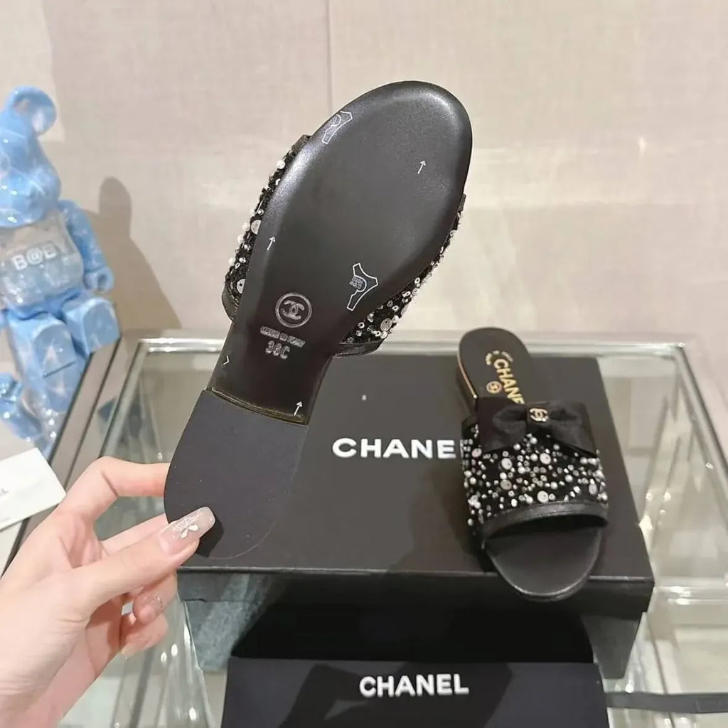 Elegant Black Sequined Bow Sandals
