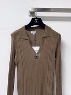 Polo V-Neck Rib Knit Long Sleeve Top