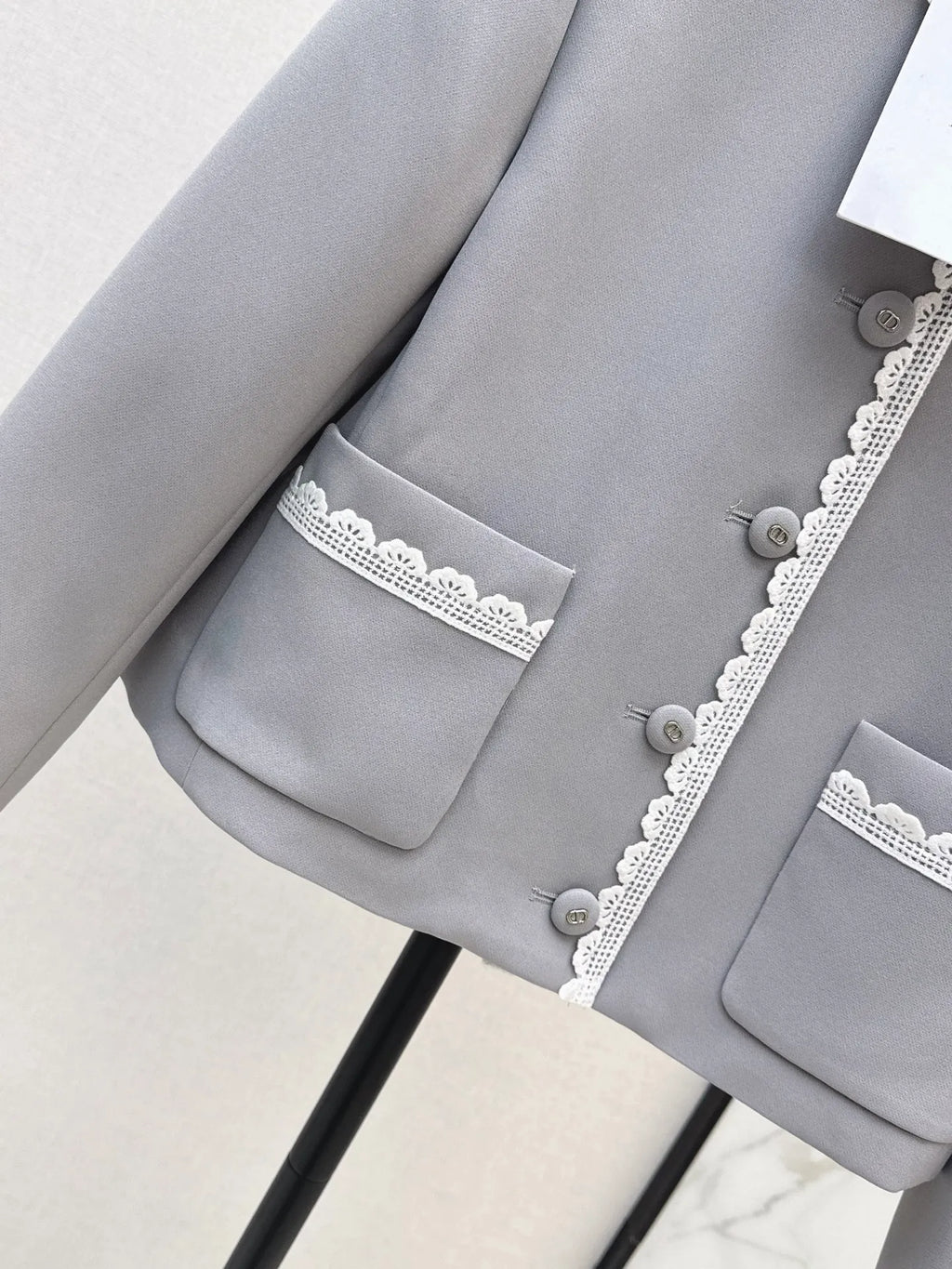 Grey Lace Trim Jacket and Skirt Set