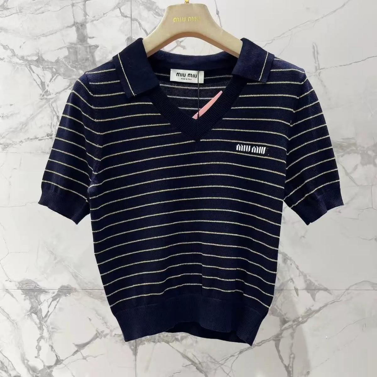 Color-Block Stripe Polo Knit Top