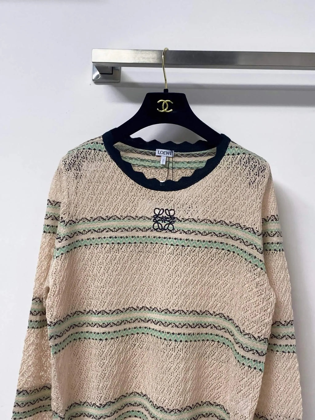 Scallop Neck Striped Hollow Knit Top