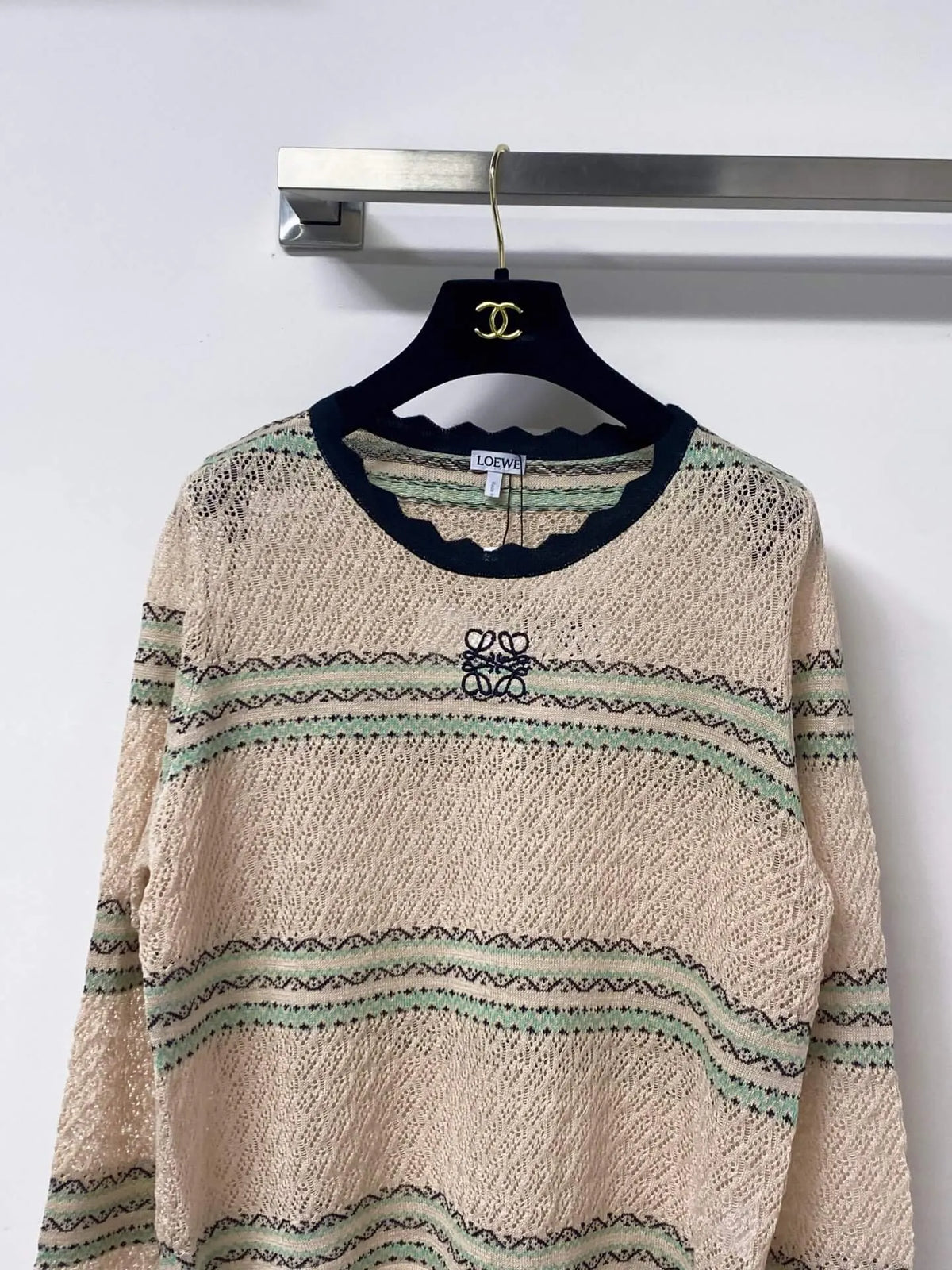 Scallop Neck Striped Hollow Knit Top