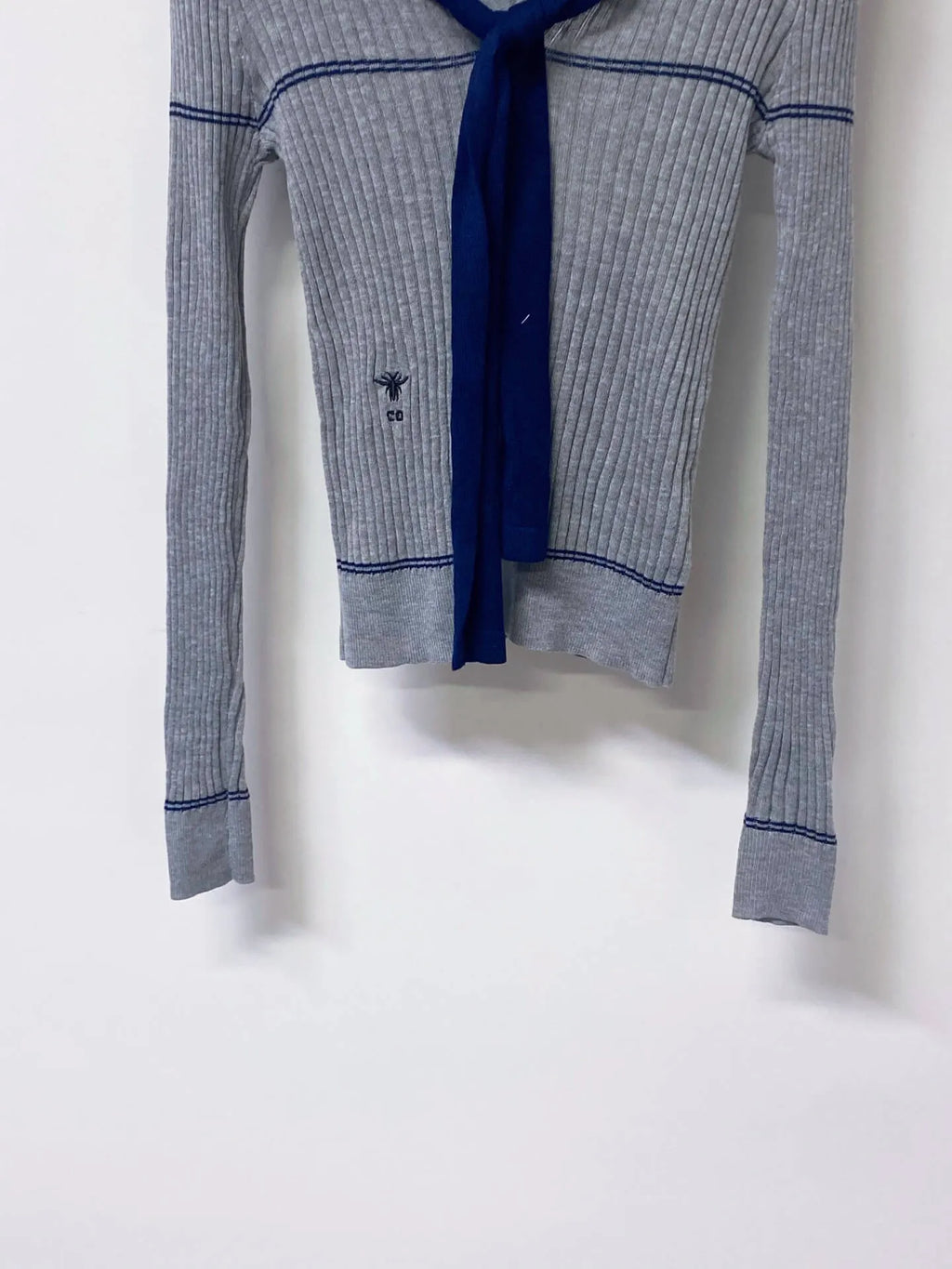 Nautical Tie Shawl Rib Knit Long Sleeve Top