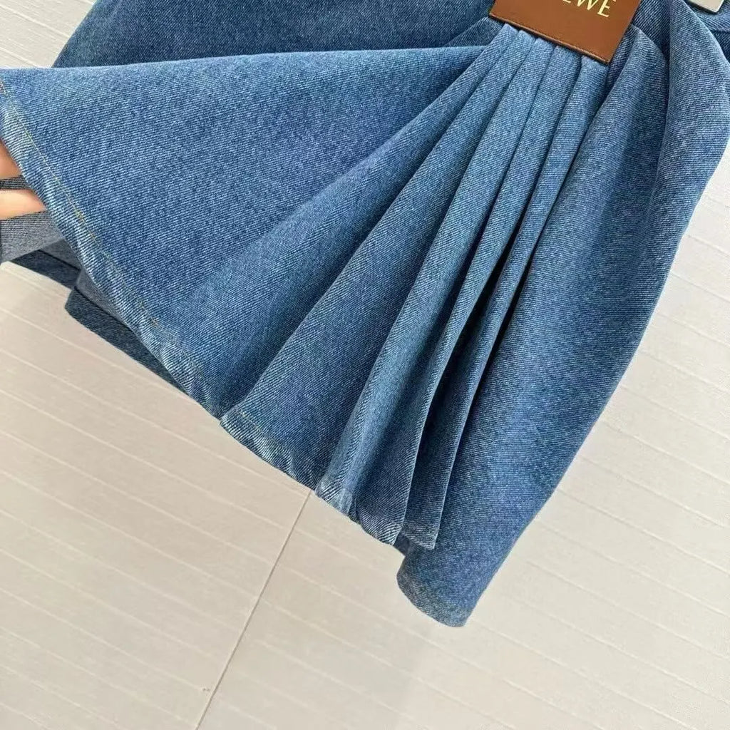 Pleated Patchwork Leather Label Denim Skirt