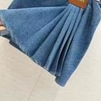 Pleated Patchwork Leather Label Denim Skirt