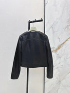 ound Neck Zip Cropped Leather Jacket