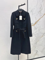 V Detail Belted Collared Wool Coat