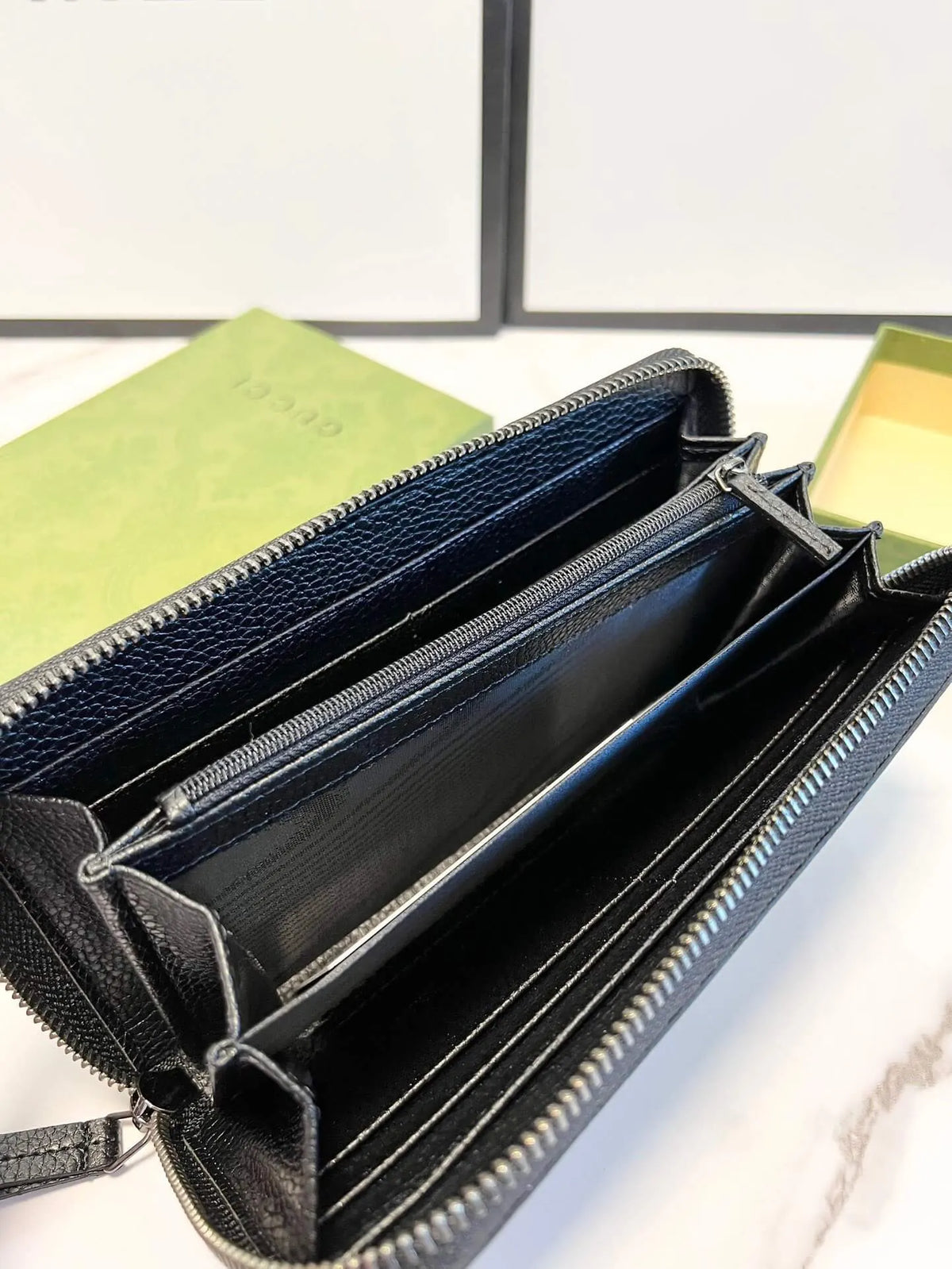 Black Grained Leather Logo Long Zip Wallet