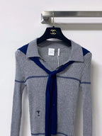 Nautical Tie Shawl Rib Knit Long Sleeve Top