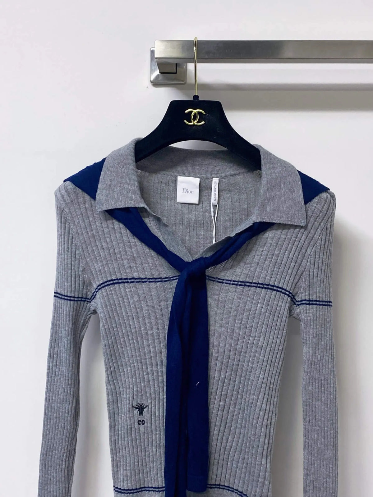 Nautical Tie Shawl Rib Knit Long Sleeve Top