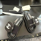 Zippered Pocket Black Denim Fabric Sandals
