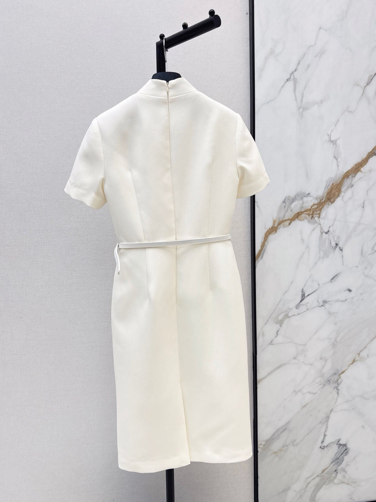 Stand Collar Belted Midi Dress