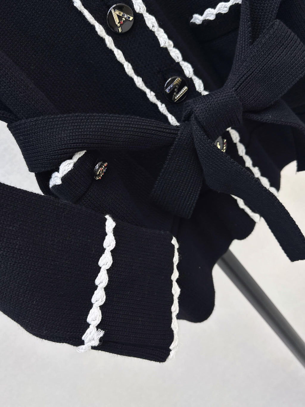 Black White Trim Belted Knit Cardigan
