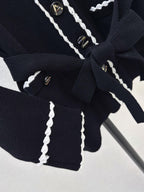 Black White Trim Belted Knit Cardigan