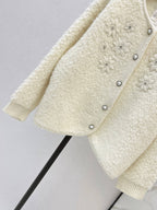 Pearl Button Round Neck Flower Knit Jacket