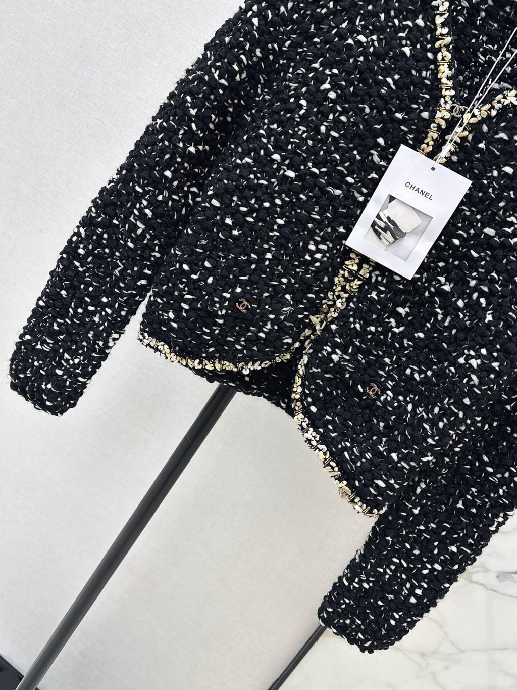 Black Tweed Gold Trim V-Neck Jacket