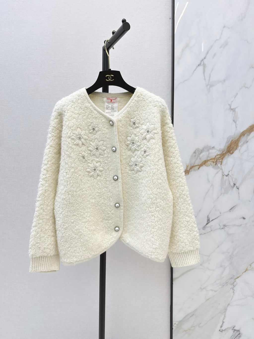 Pearl Button Round Neck Flower Knit Jacket