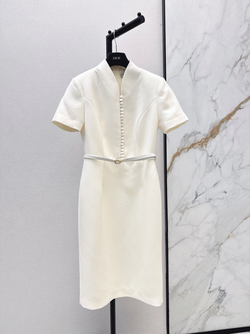 Stand Collar Belted Midi Dress