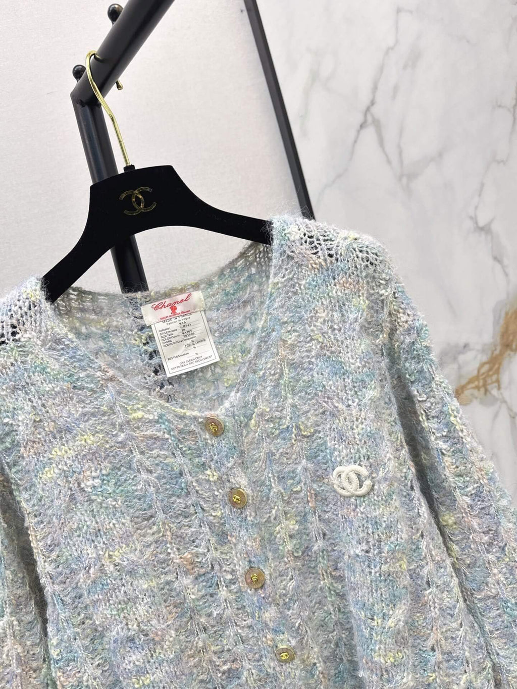 Multicolor Mohair V-neck Hollow Knit Cardigan
