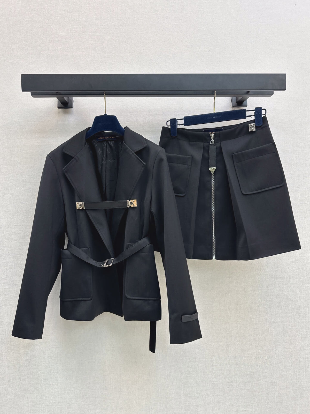 Black Belted Coat & Zipper Skirt Set