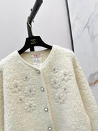 Pearl Button Round Neck Flower Knit Jacket