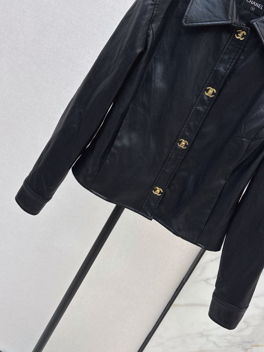 Point Collar Cropped Leather Coat