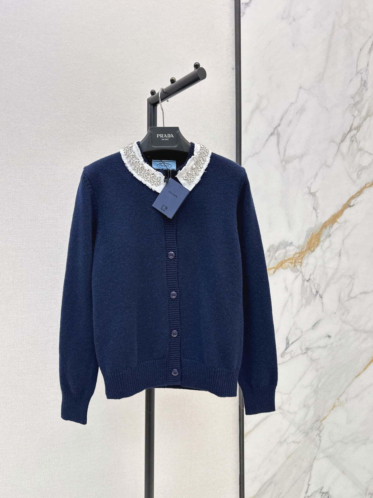 Navy Beaded Collar Knit Cardigan