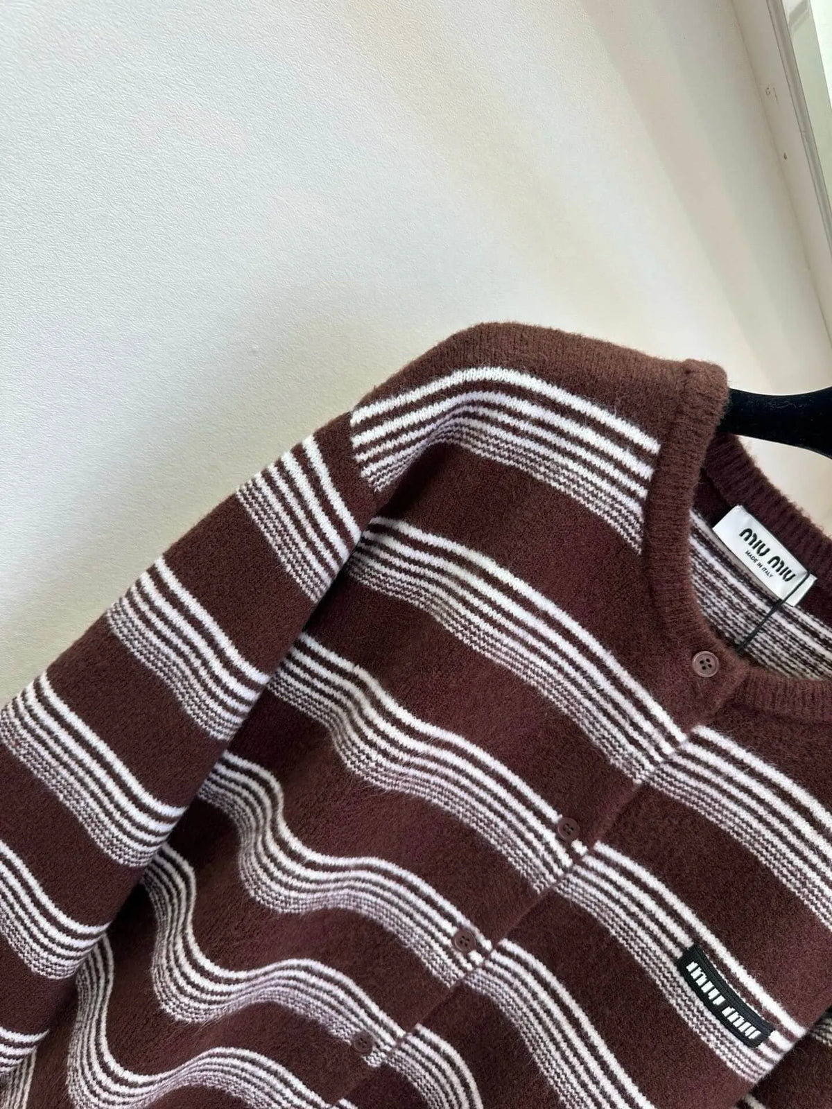 Stripe Crew Neck Knit Cardigan