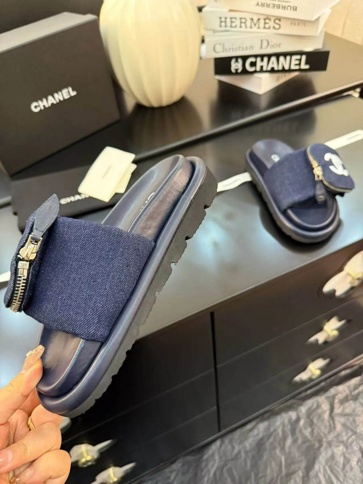Zippered Pocket Blue Denim Fabric Sandals