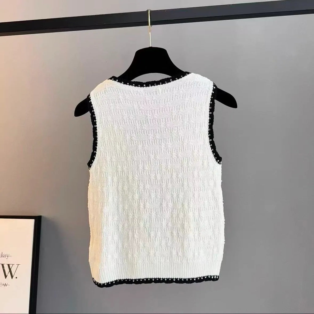 Black-White Color-Block Embroidered Vest