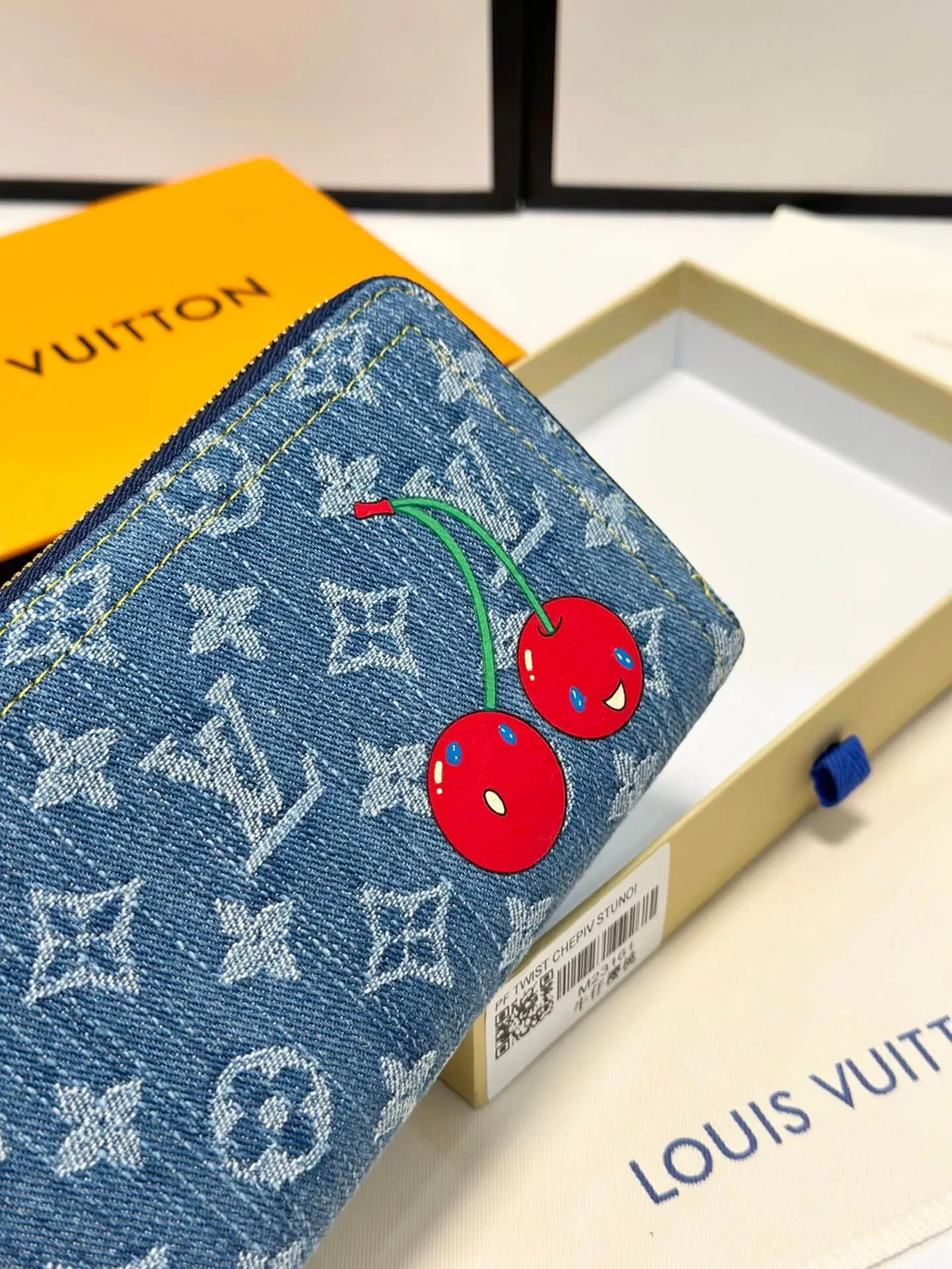 Cherry Monogram Denim Zip-Around Wallet