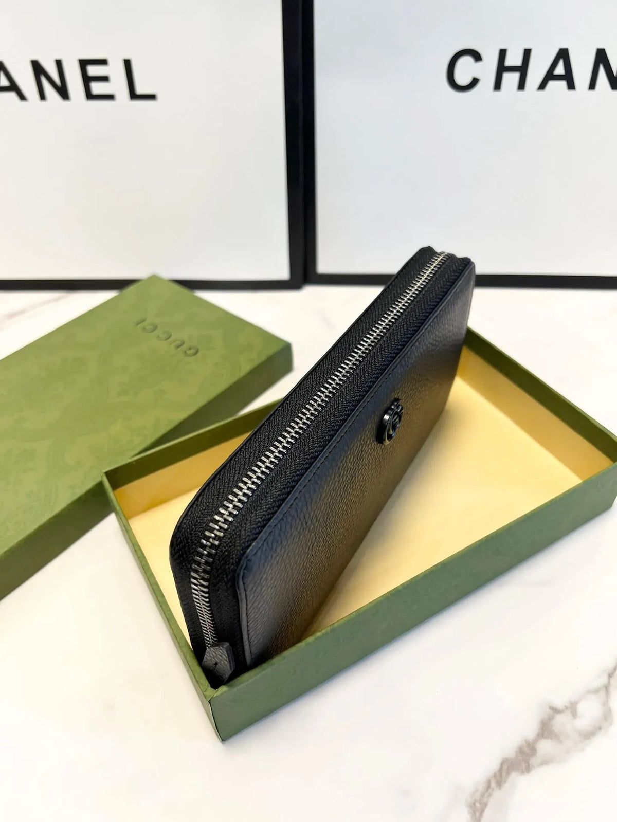 Black Grained Leather Logo Long Zip Wallet