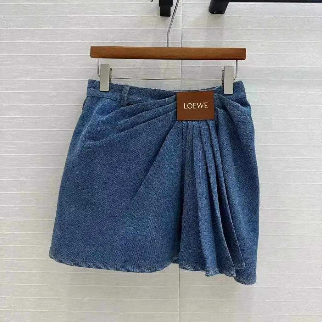 Pleated Patchwork Leather Label Denim Skirt
