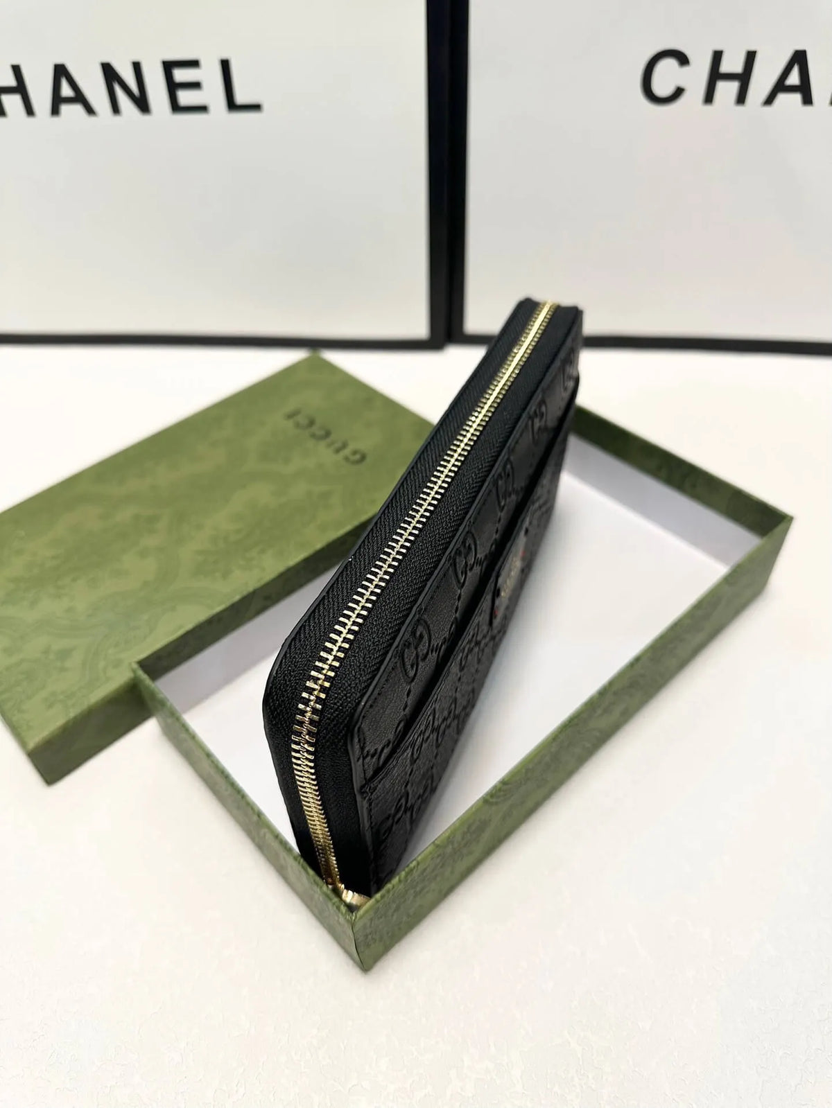 Black Textured Embossed Zip Long Wallet