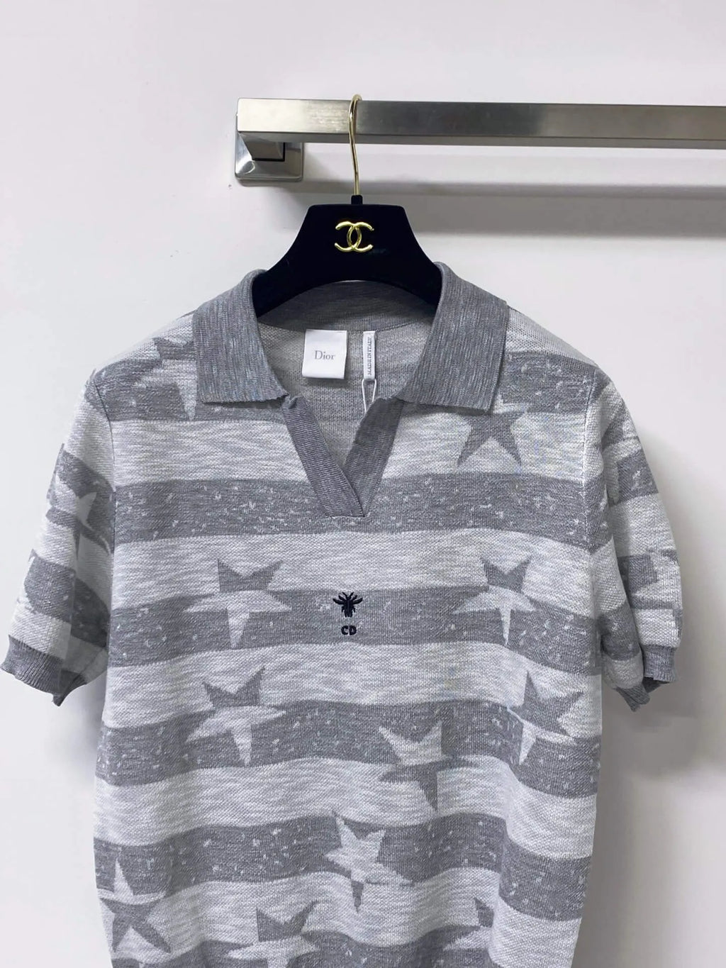 Star Jacquard Striped Knit Polo Top