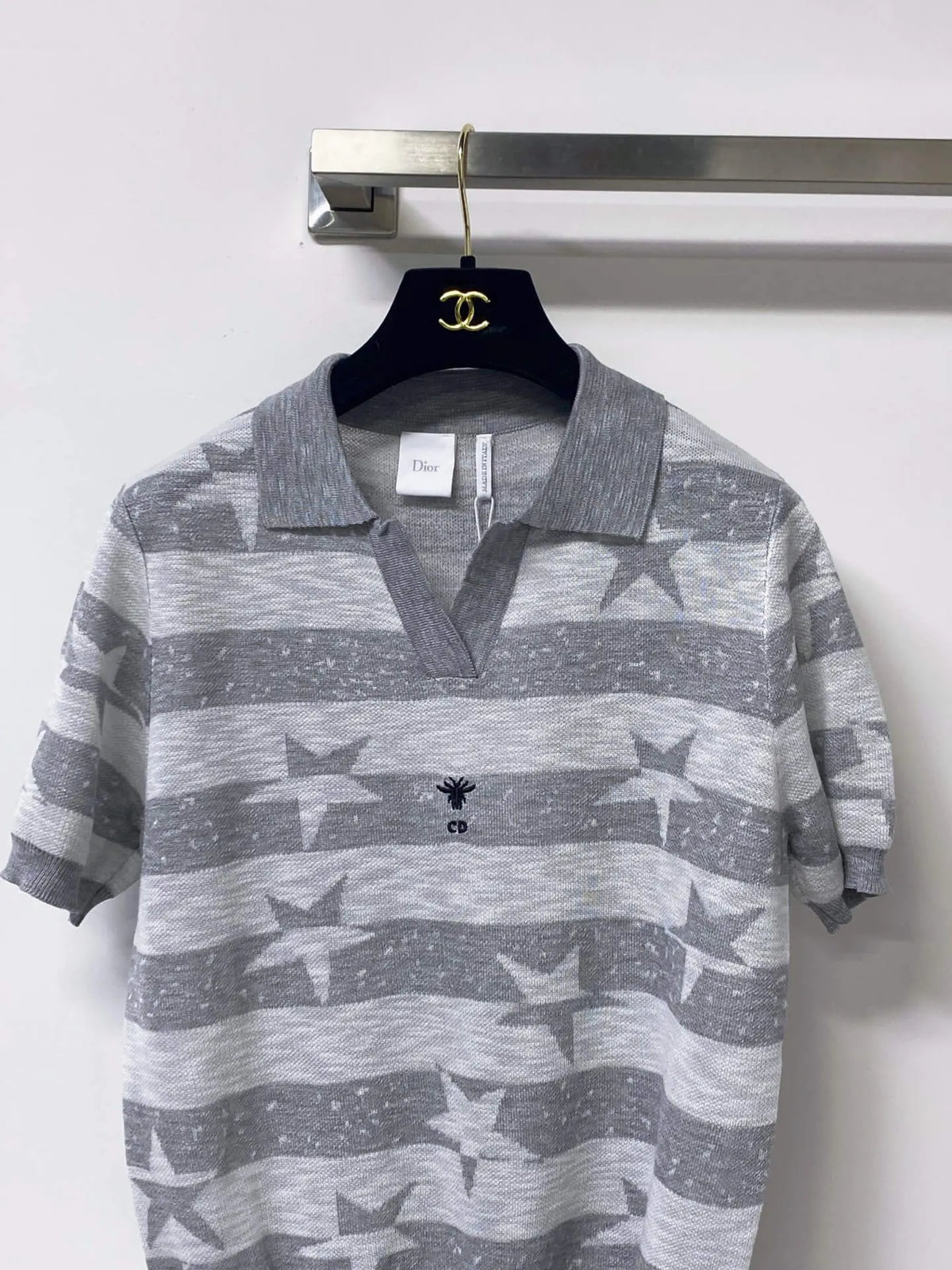 Star Jacquard Striped Knit Polo Top