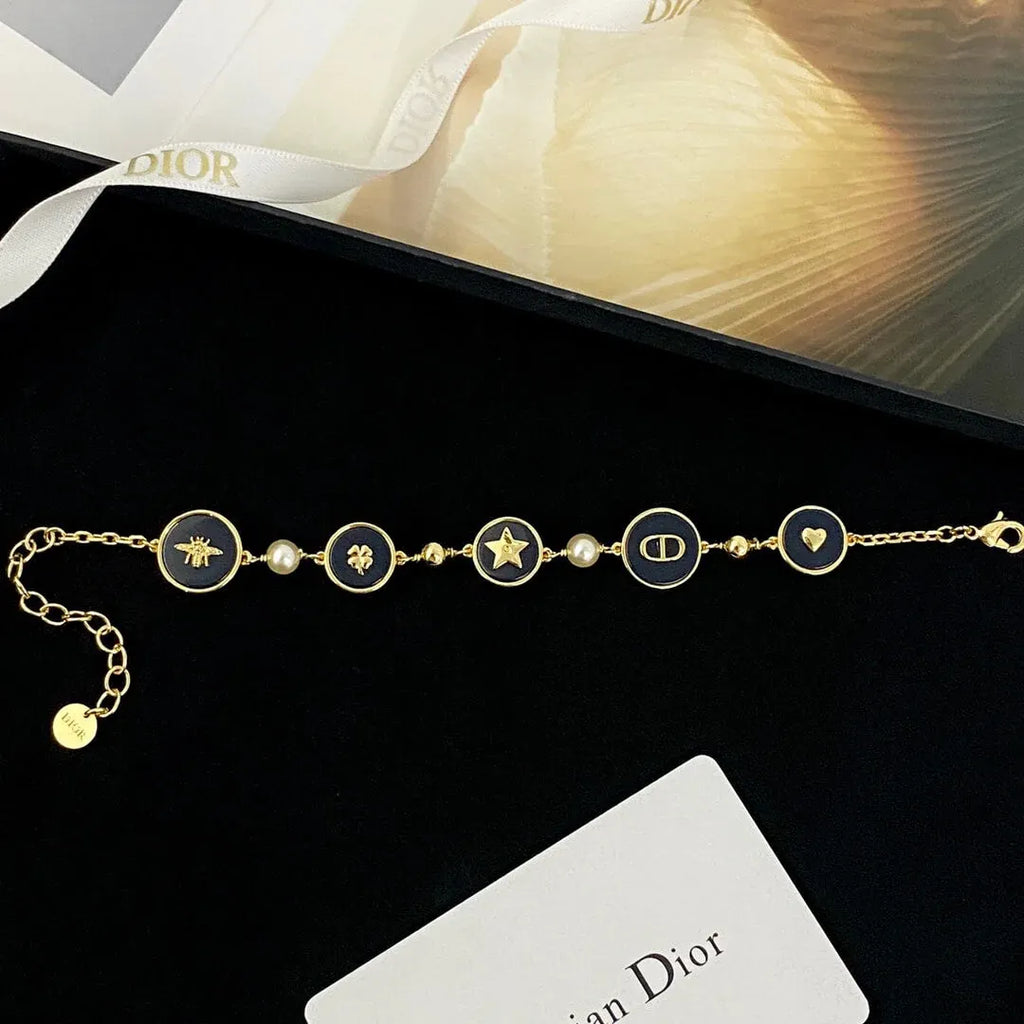 Navy Medallion & Pearl Multi-Charm Bracelet