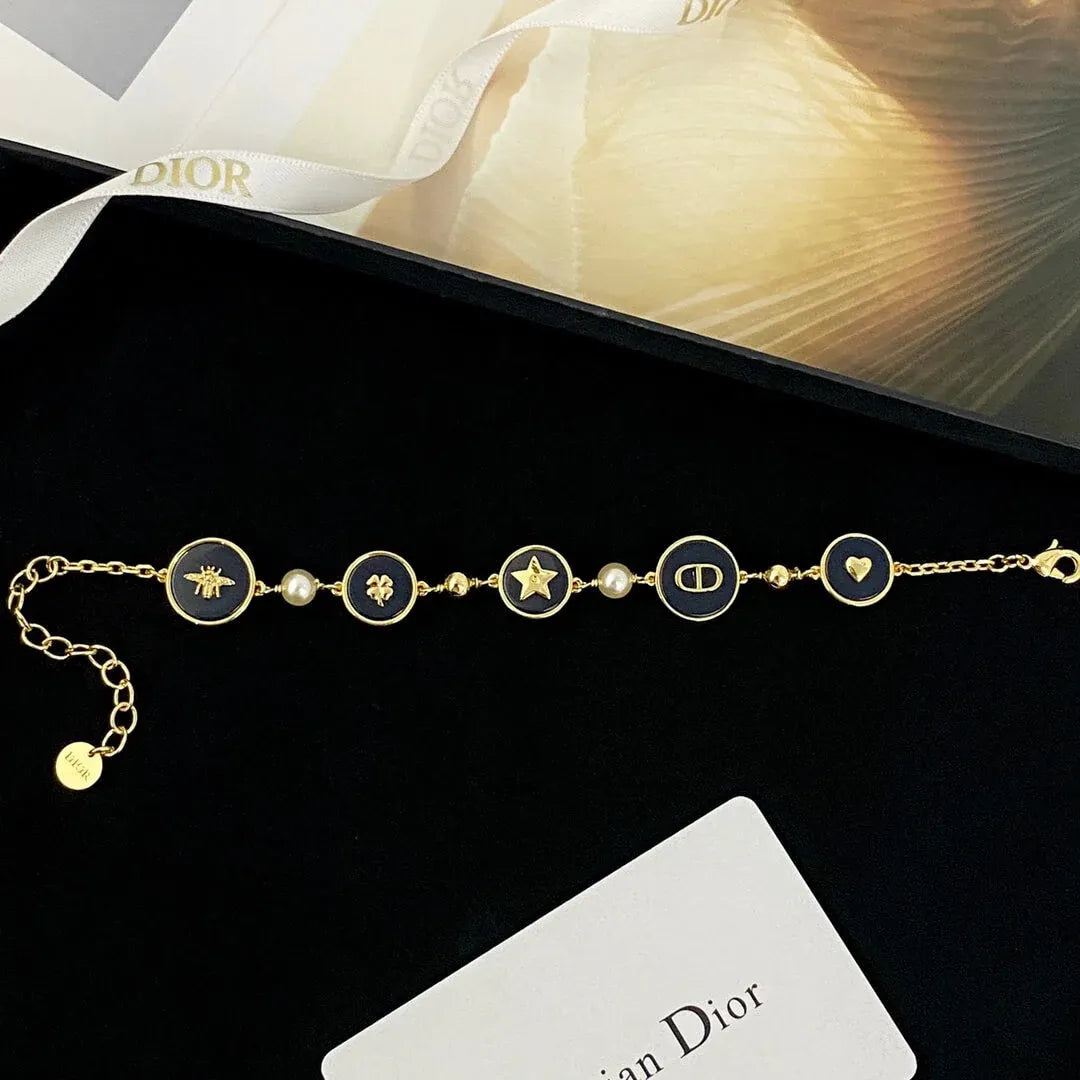 Navy Medallion & Pearl Multi-Charm Bracelet