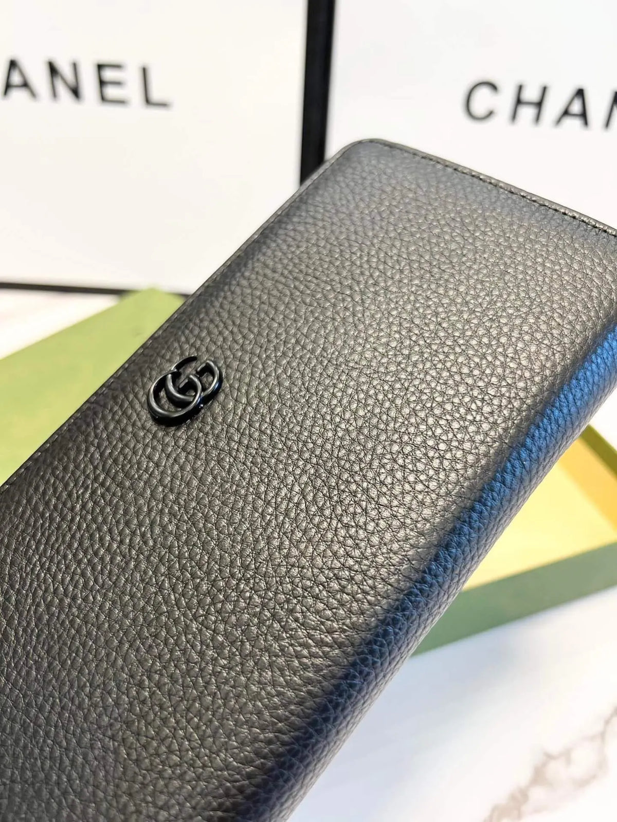 Black Grained Leather Logo Long Zip Wallet