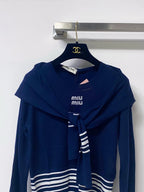 Tie Shawl Striped Embroidered Knit Top