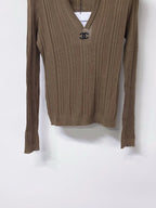 Polo V-Neck Rib Knit Long Sleeve Top