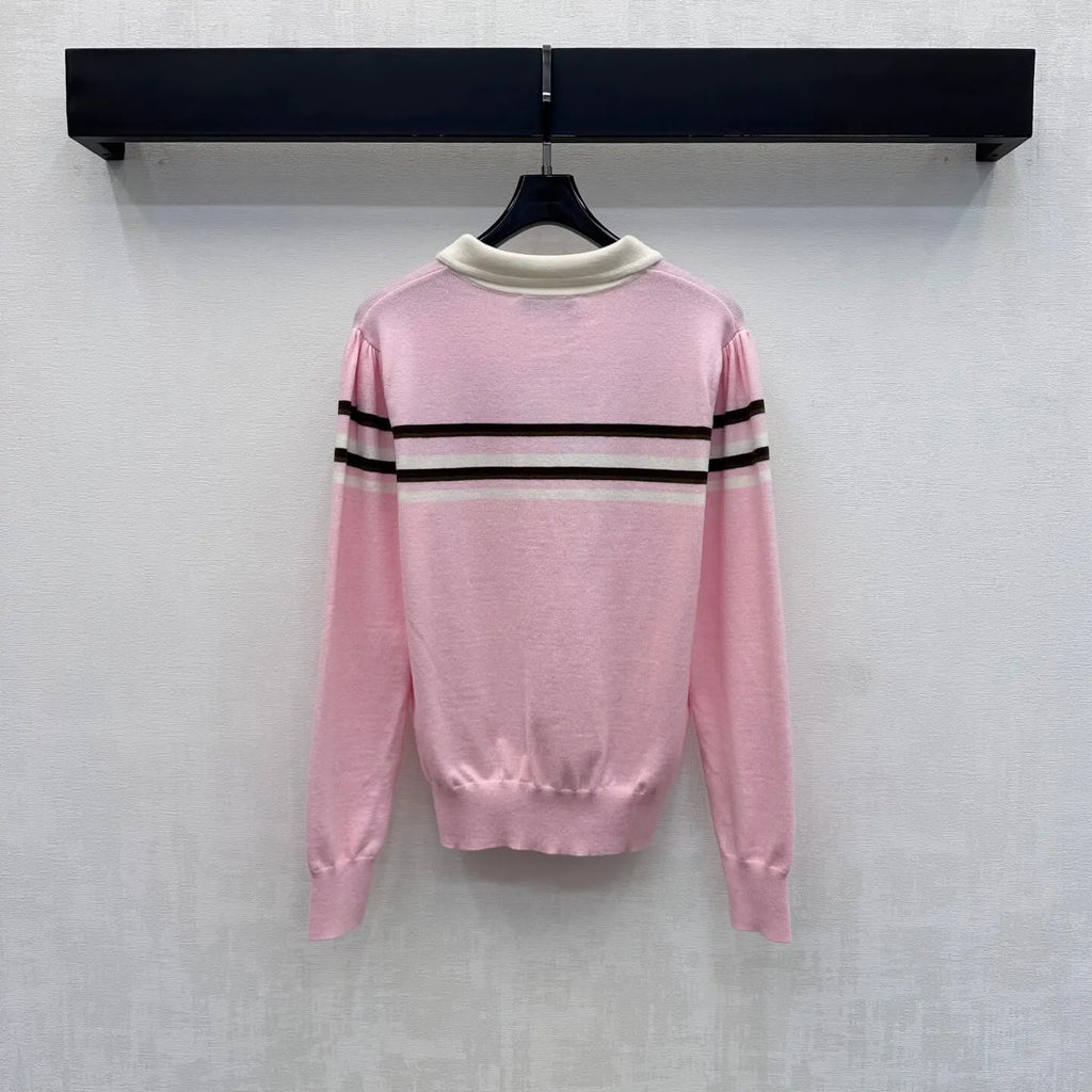 Contrast Collar Striped Knit Top