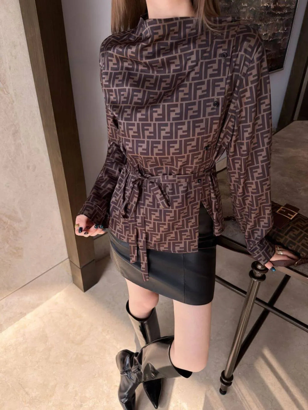 Self Belt Monogram Long Sleeve Shirt